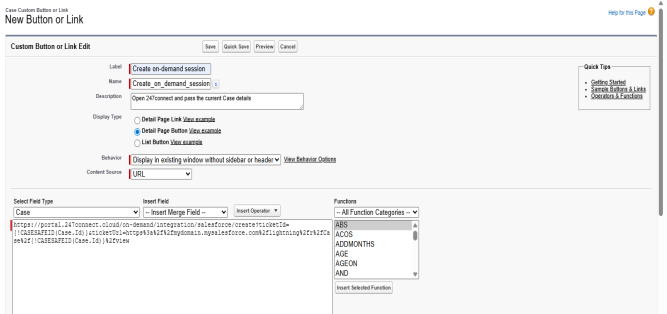 Salesforce New Button or Link page configured to create an on-demand session button.