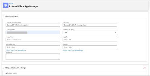 Salesforce External Client App Manager New External Client App page.