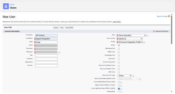 Salesforce New User page configured for the 247connect integration user.