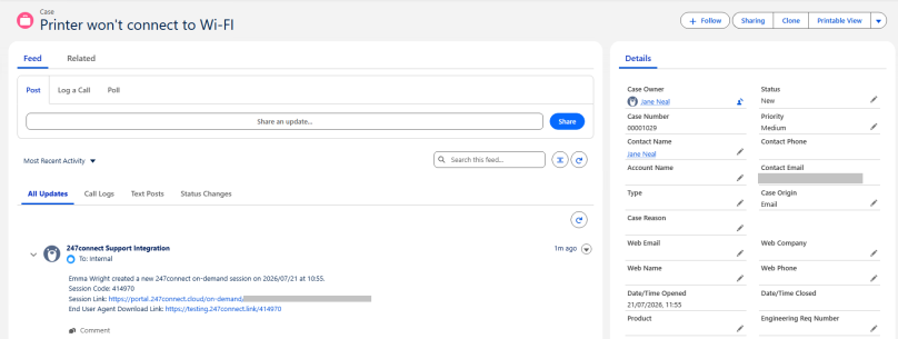 Salesforce Case Feed showing 247connect session updates.
