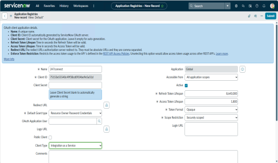 ServiceNow Application Registry form for a new OAuth client, showing client details, grant type, token settings, and integration configuration.