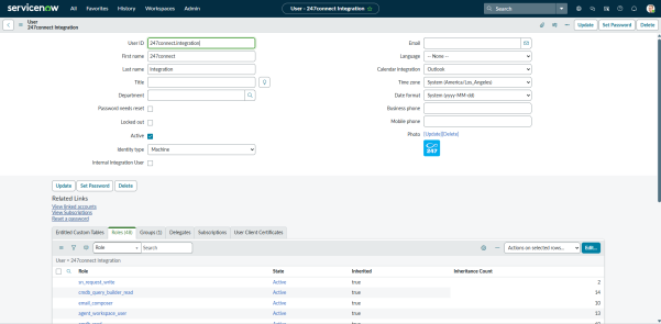 ServiceNow User record for “247connect Integration”, showing user details and a Roles tab listing assigned roles.