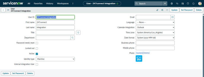 ServiceNow User record for “247connect Integration”, showing user ID, name fields, active status, identity type set to Machine, and basic contact and settings fields.