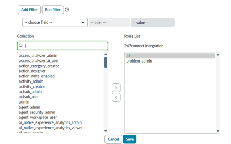 ServiceNow role assignment screen showing available roles on the left and selected roles (including itil and problem_admin) for the 247connect Integration user on the right.