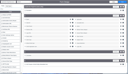 ServiceNow Form Design view for Application Registries, showing field layout configuration with draggable fields and sections.