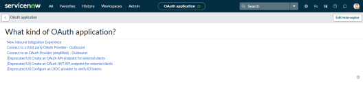 ServiceNow OAuth application page asking what kind of OAuth application to create, with options for inbound integration and outbound providers.