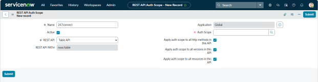 ServiceNow REST API Auth Scope form for a new record, showing name, Table API selection, and options to apply the auth scope across methods, versions, and resources.