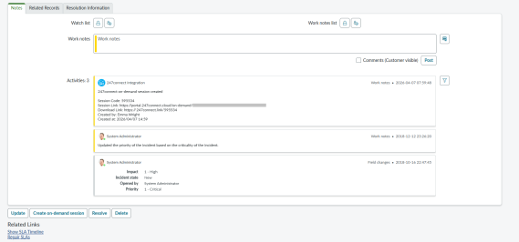 ServiceNow Incident activity stream showing work notes, including creation of an on-demand session with session details and previous updates.
