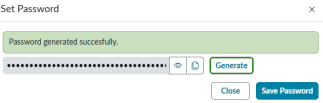 Set Password dialog showing a generated password with confirmation message and options to generate, close, or save.